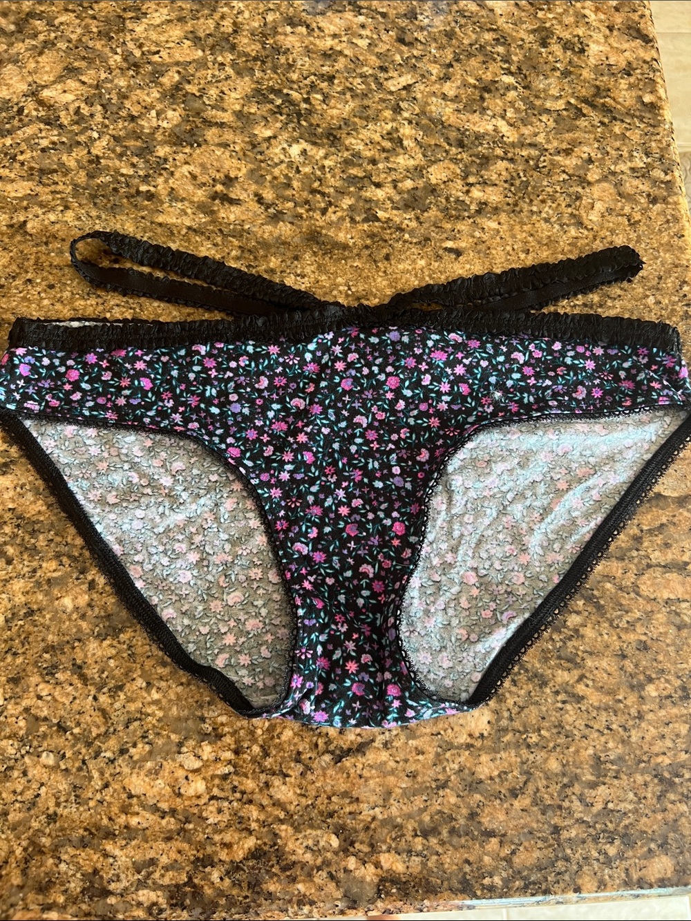NWOT Victoria's Secret Black Strappy Panties with Floral Pattern